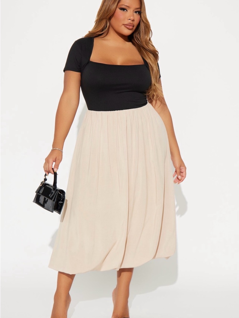 Black Square Neck Top with Cream Pleated Midi Skirt